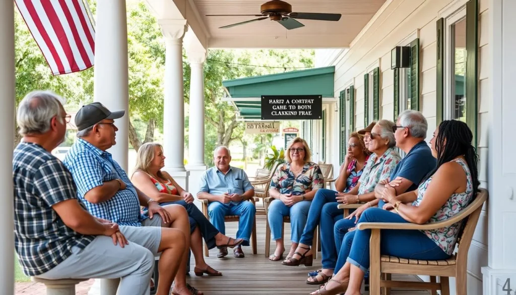 Friendly locals chatting on a porch in downtown Clarksdale Mississippi