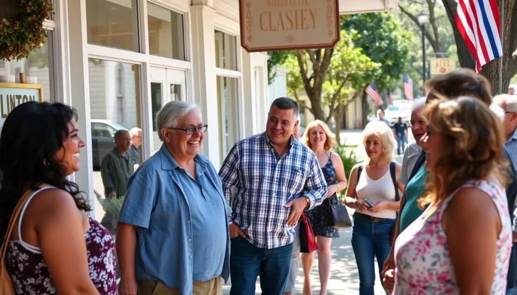 Friendly locals interacting in downtown Clinton, Mississippi, representing the warm hospitality visitors experience when exploring the best things to do