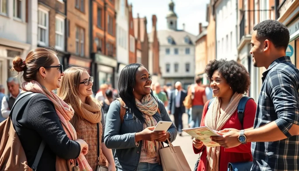Friendly locals interacting with tourists in Colchester High Street, showcasing the welcoming atmosphere for visitors exploring things to do in Colchester