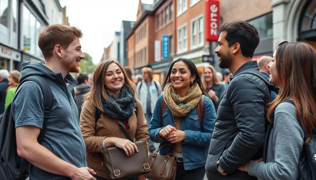Friendly locals interacting with tourists in Newcastle city center