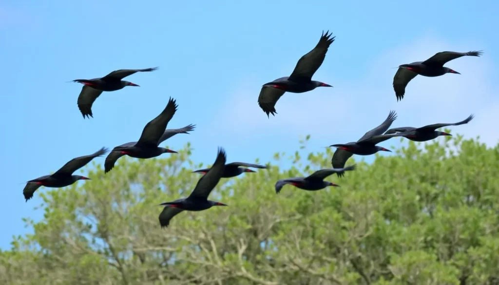 Frigate birds in flight at the Frigate Bird Sanctuary in Codrington Lagoon