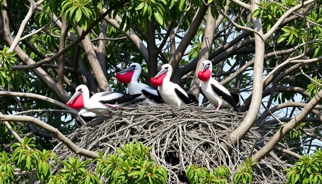Frigate birds nesting in trees on Isla Isabel with males displaying red throat pouches