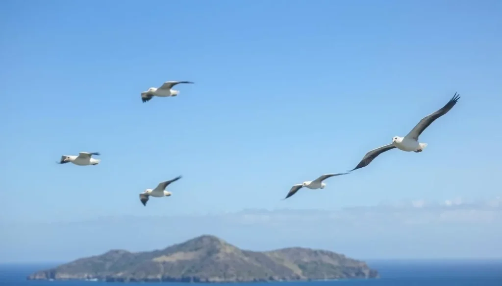 Frigate birds soaring above the coastline of Indian Town National Park, adding to the area's natural beauty
