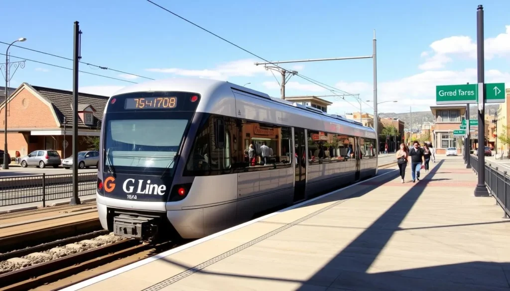 G Line light rail arriving at Olde Town Arvada Station
