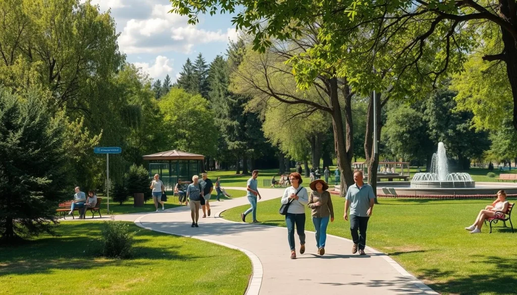 Gagarin Central Park in Chelyabinsk with walking paths, greenery, and recreational facilities