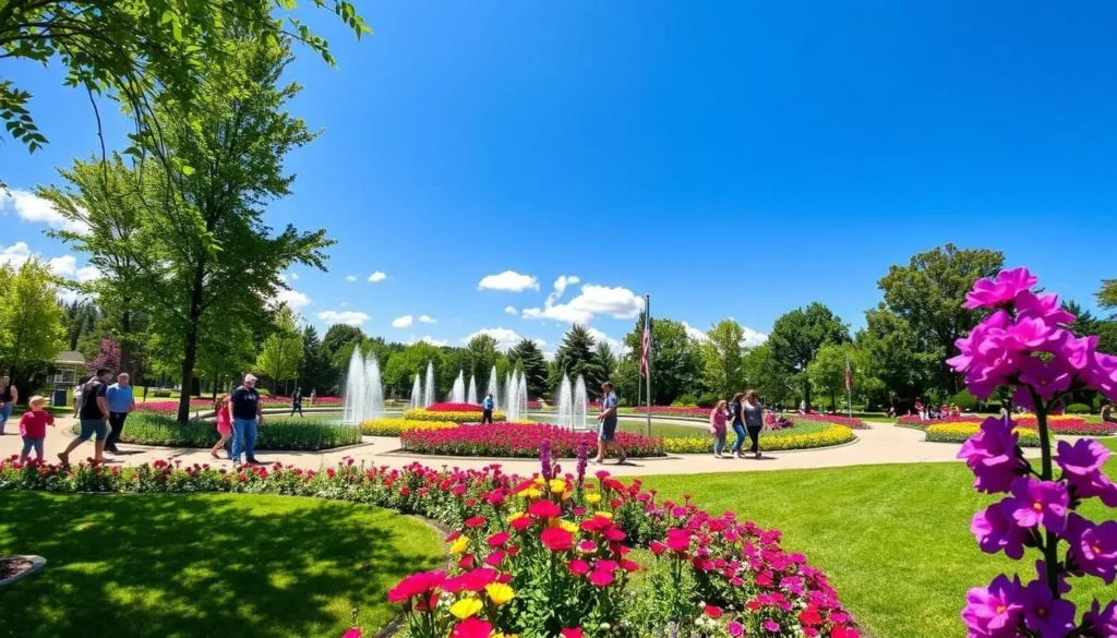 Gage Park in Brampton during summer with colorful flowers in bloom and visitors enjoying the gardens