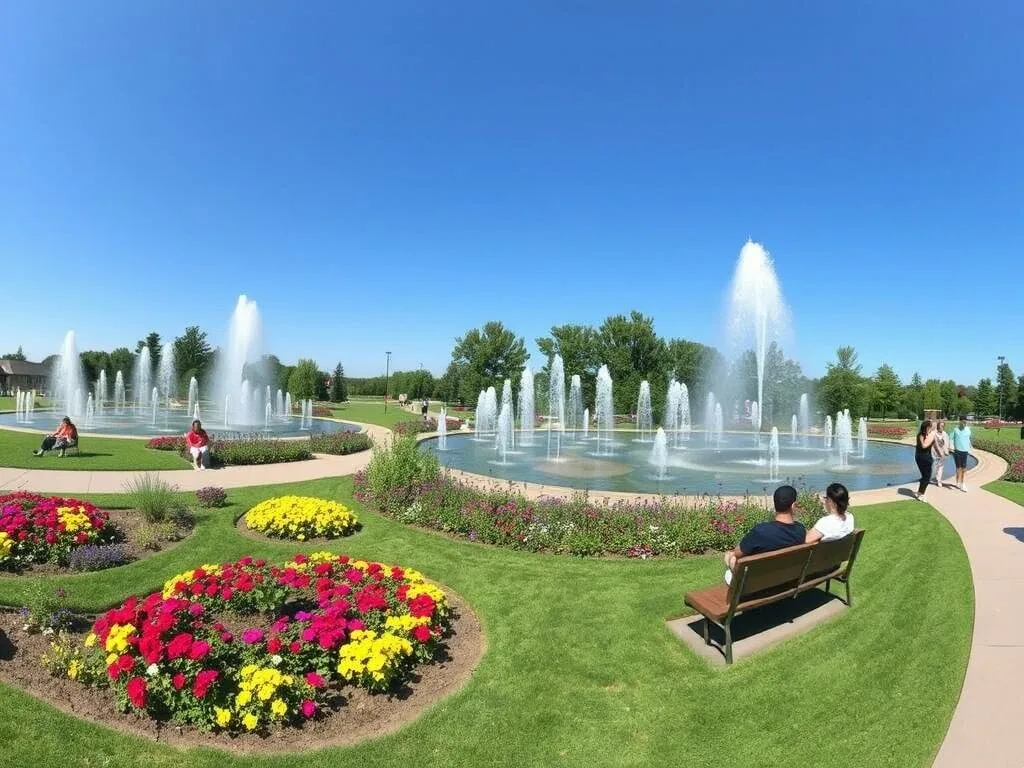 Gage Park in Brampton with fountains, gardens and walking paths