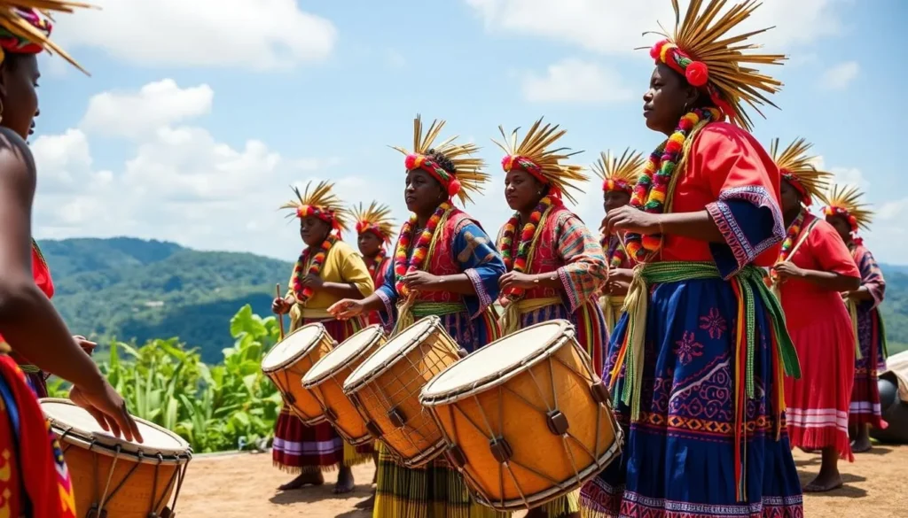 Garifuna cultural performance near Pico Bonito with traditional costumes and drums