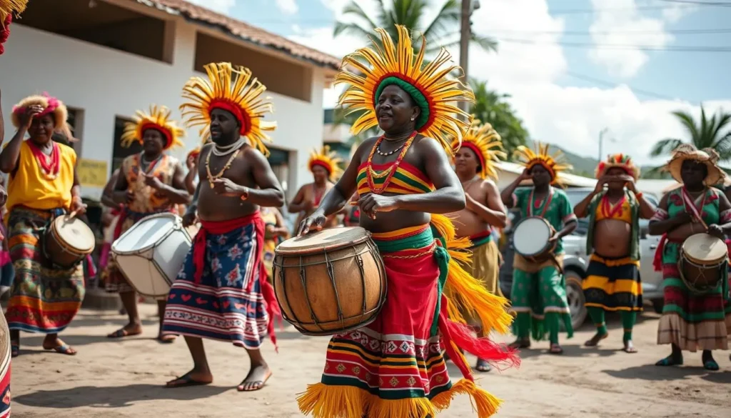 Garifuna cultural performance with traditional drums and colorful clothing