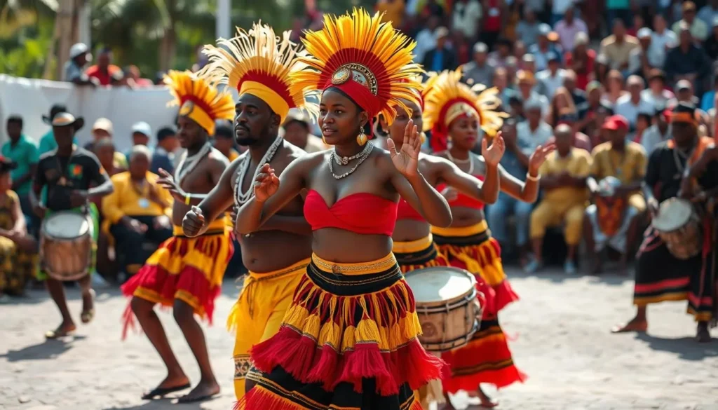 Garifuna dancers in traditional colorful clothing performing during a cultural festival in the Bay Islands Honduras