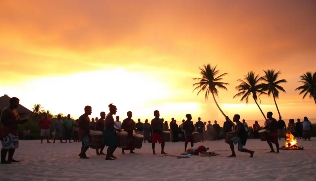 Garifuna drumming performance on Hopkins Village Beach at sunset