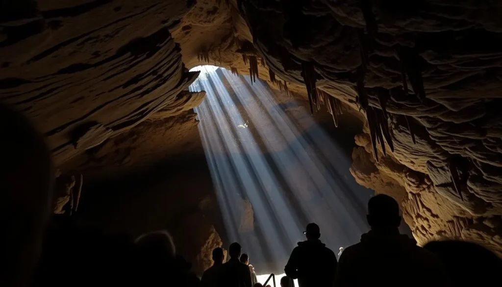 Generate an image of Meramec Caverns with visitors on a guided tour, highlighting the stunning rock formations.