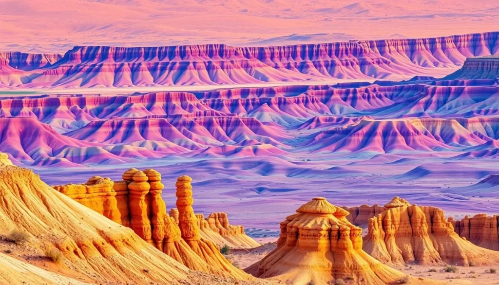 Generate an image of Petrified Forest National Park's scenic landscape with the Painted Desert in the background.