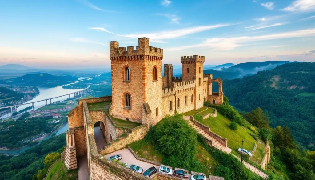 Generate an image of the Drachenfels Castle Ruins with a panoramic view of the Rhine Valley.