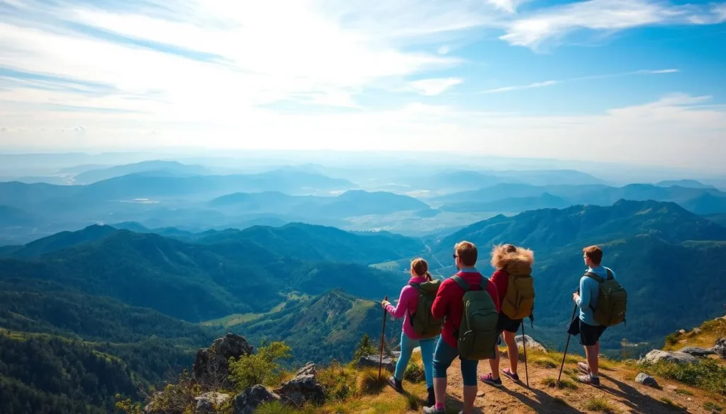 Generate an image of the Drachenfels Plateau with hikers enjoying the scenic views.