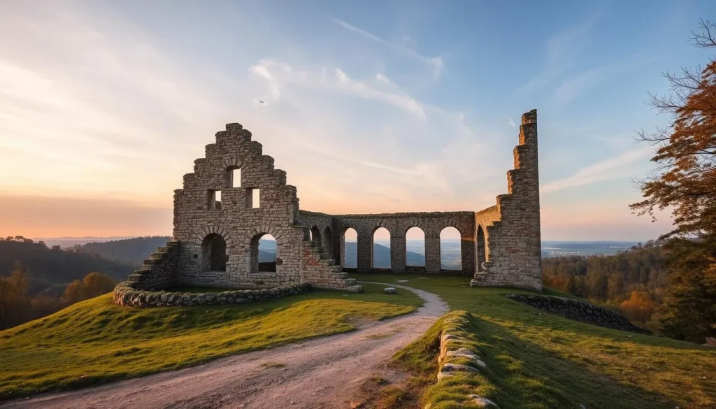 Generate an image of the Löwenburg Ruins in the Seven Hills with a serene landscape.