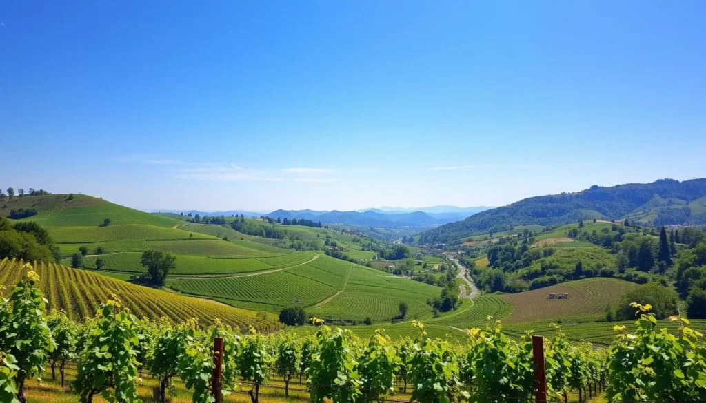 Generate an image of the Rhine Valley with vineyards and rolling hills.