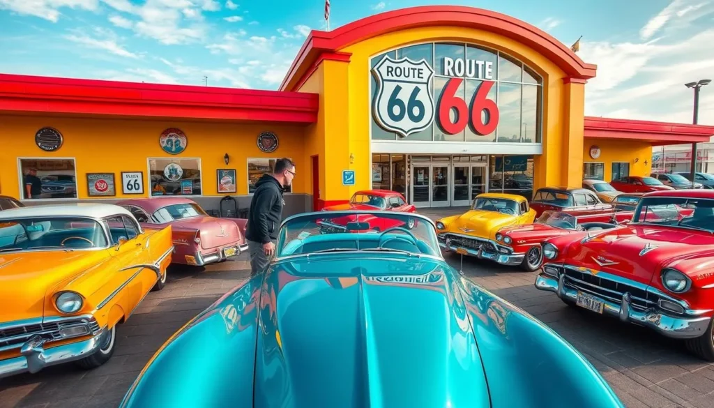 Generate an image of the Route66 Car Museum in Springfield, Missouri, showcasing its unique collection of vintage cars and pop culture icons.