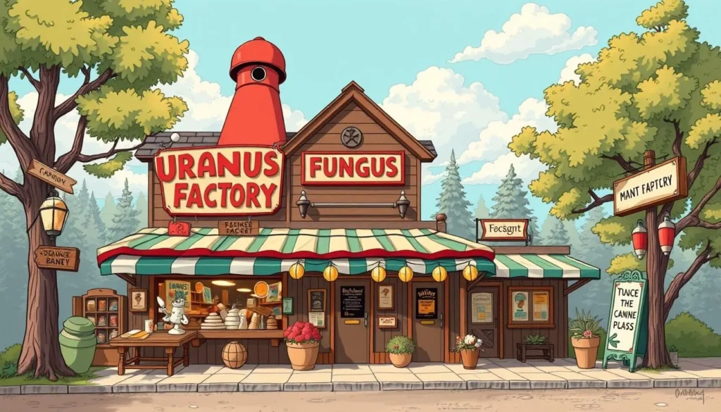 Generate an image of the Uranus Fudge Factory and General Store, highlighting its humorous signage.