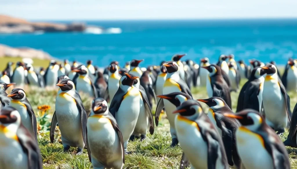 Gentoo penguins colony on Carcass Island with the ocean in the background