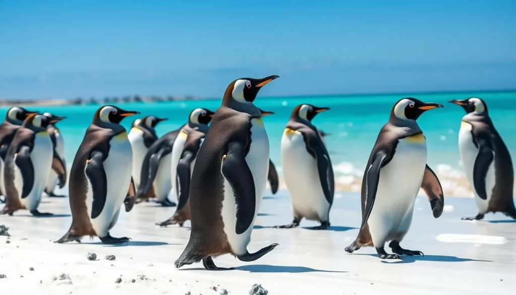 Gentoo penguins on the beach at Carcass Island, Falkland Islands during summer season