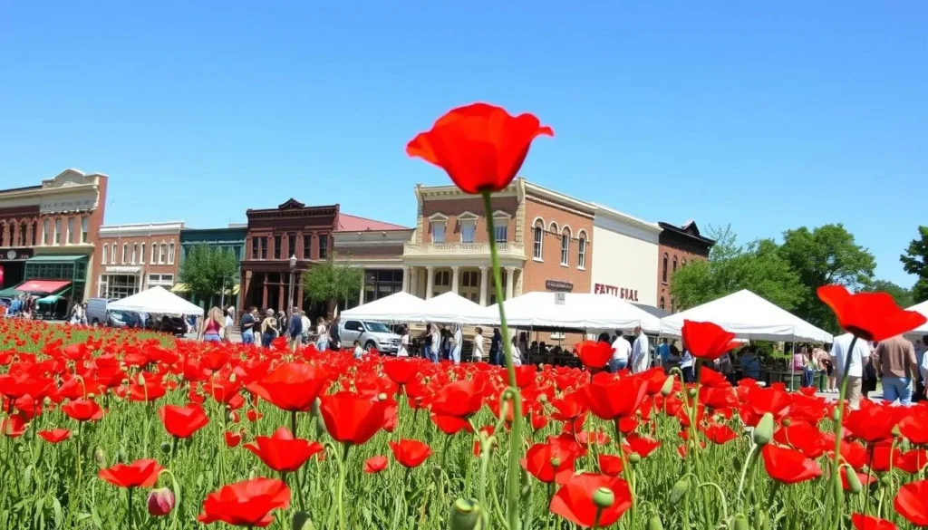 Georgetown Texas Red Poppy Festival with vibrant red flowers blooming throughout the town square