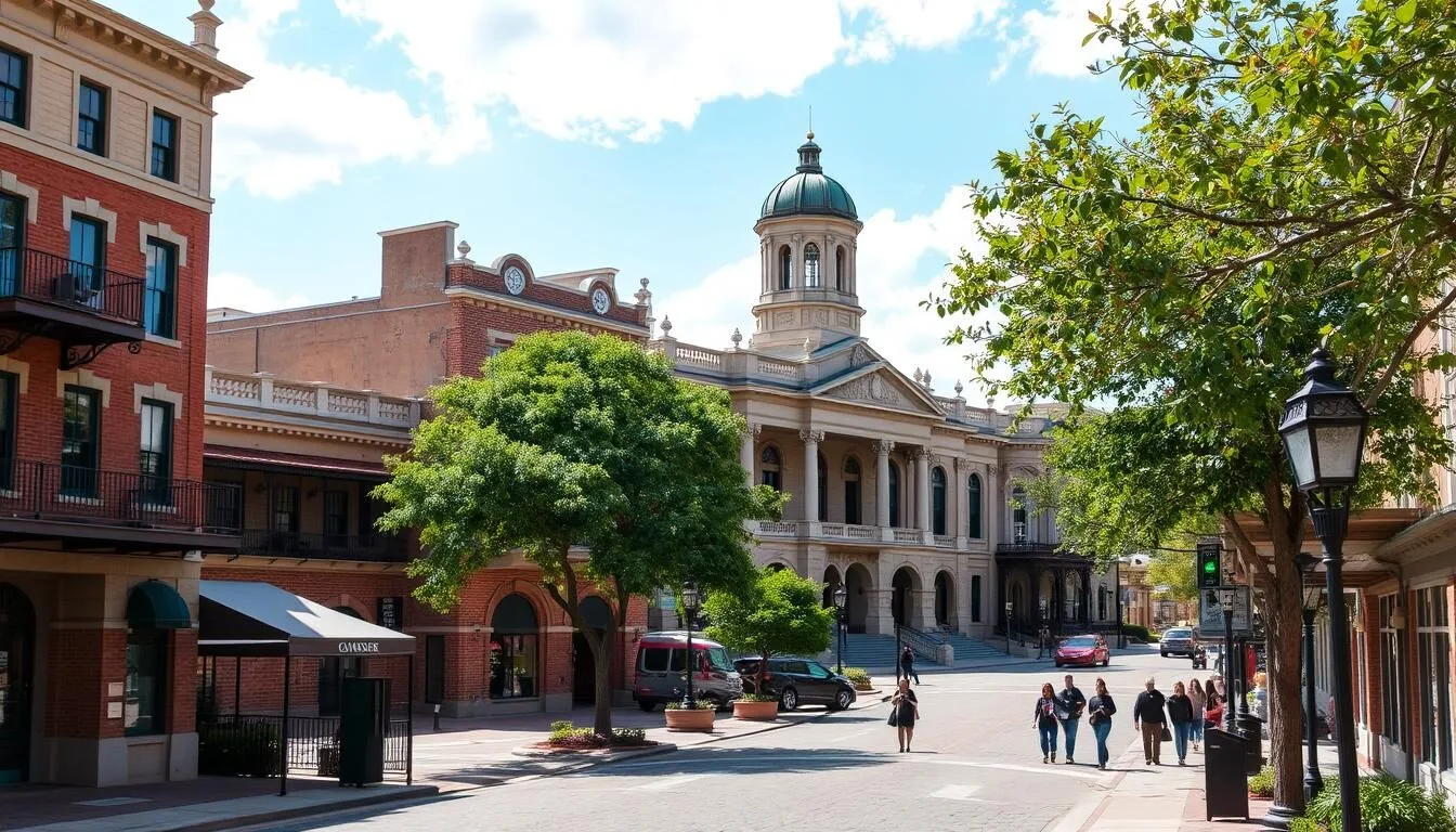 Georgetown Texas town square with historic Victorian buildings and the courthouse with its distinctive copper dome
