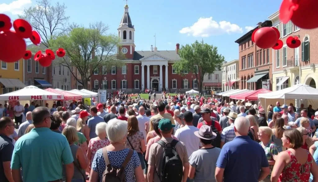 Georgetown's Red Poppy Festival with crowds enjoying live music on the historic square