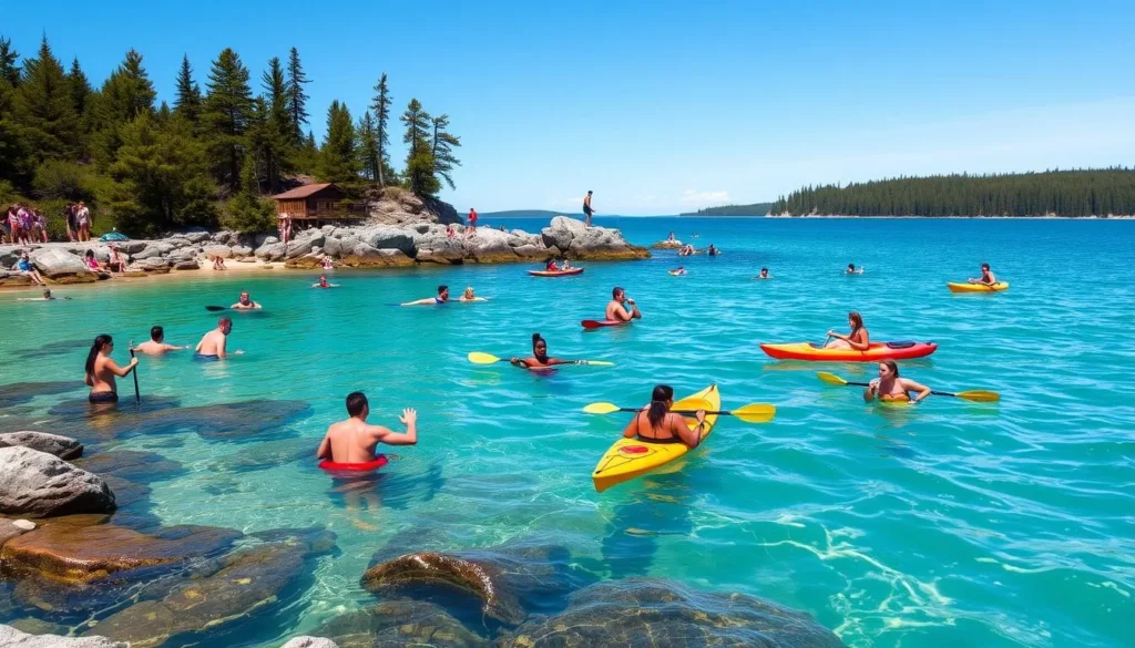 Georgian Bay in summer with people swimming and kayaking in crystal clear waters