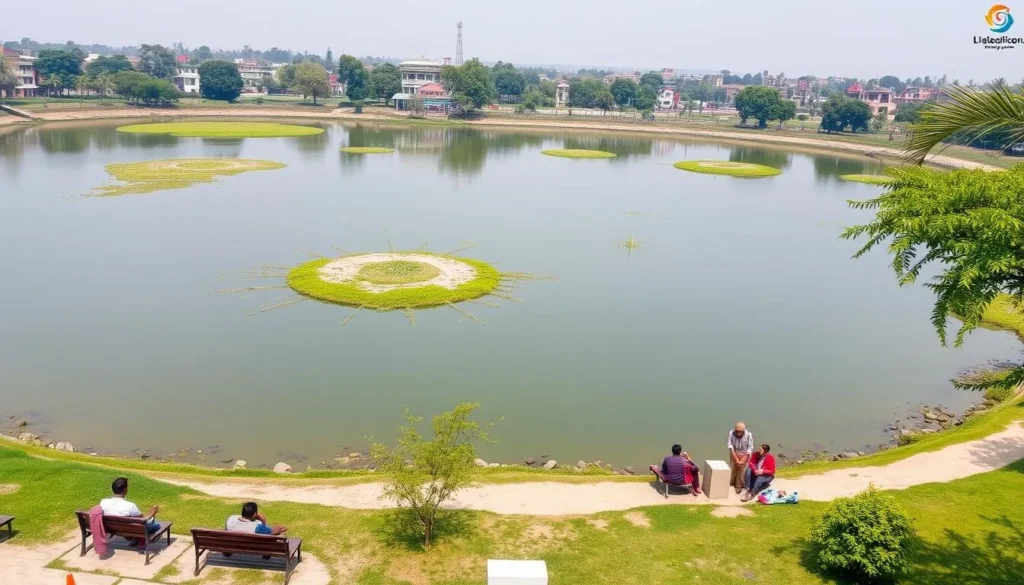 Ghadiarwa Pokhari pond in Birgunj with people relaxing around its shores
