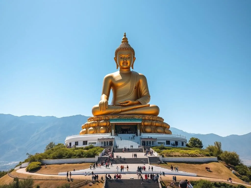 Giant golden Buddha Dordenma statue overlooking Thimphu valley