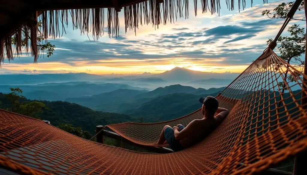 Giant hammock at Casa Elemento in Minca with panoramic mountain views