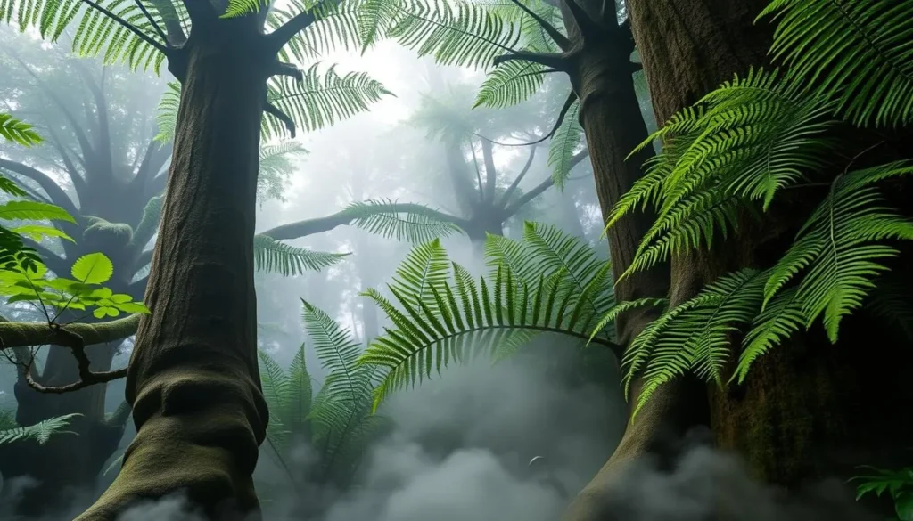Giant prehistoric ferns in Amboro National Park cloud forest with mist