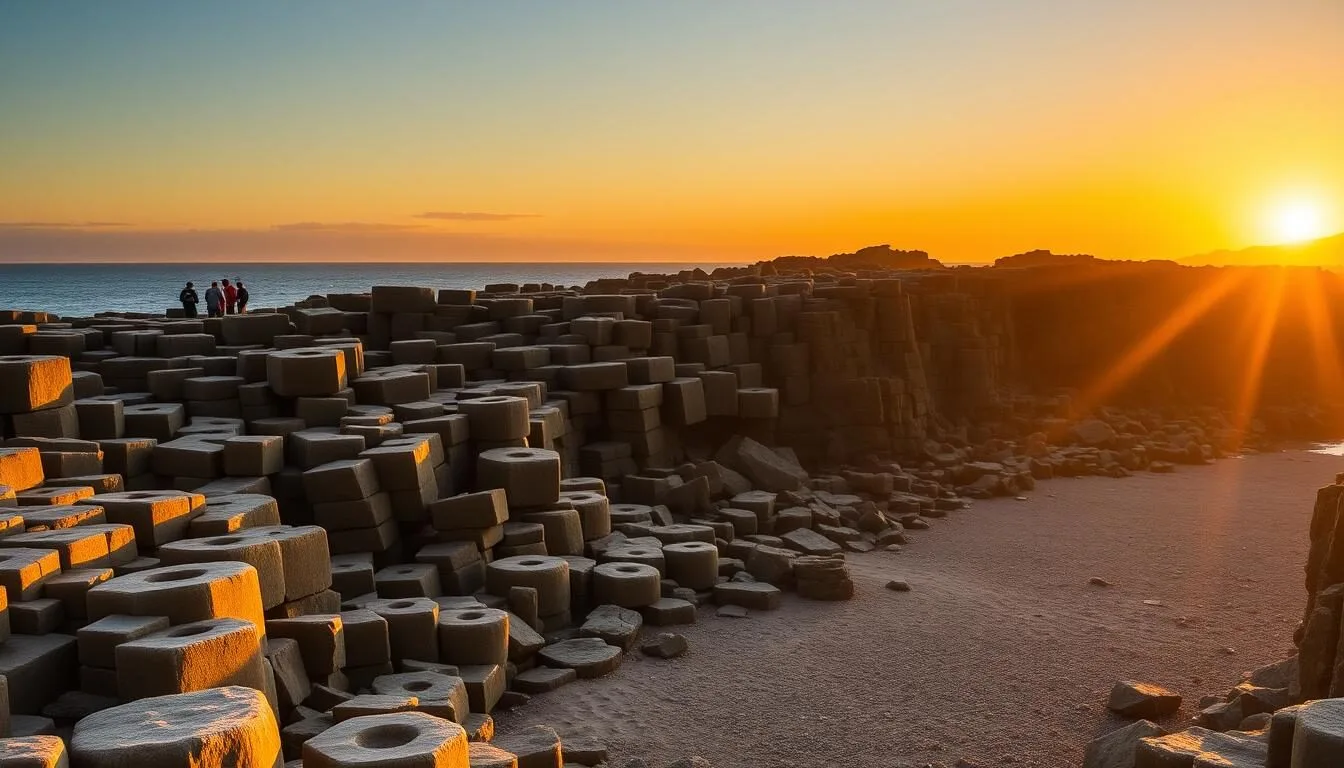 Giant's Causeway during sunset with golden light illuminating the basalt columns