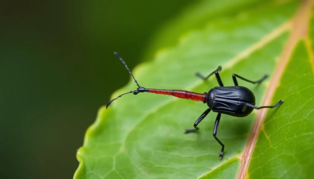 Giraffe-necked weevil on a leaf in Ranomafana National Park