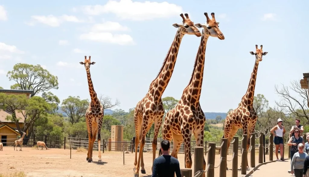 Giraffes at Taronga Western Plains Zoo Dubbo with visitors viewing from the safari trail