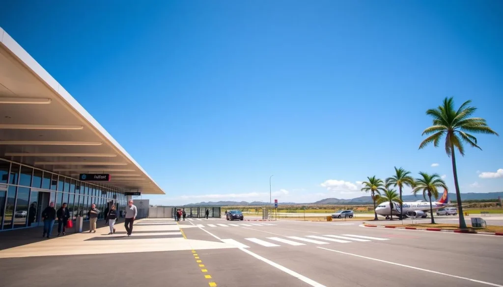 Gladstone Airport terminal with arriving passengers and Queensland landscape in background