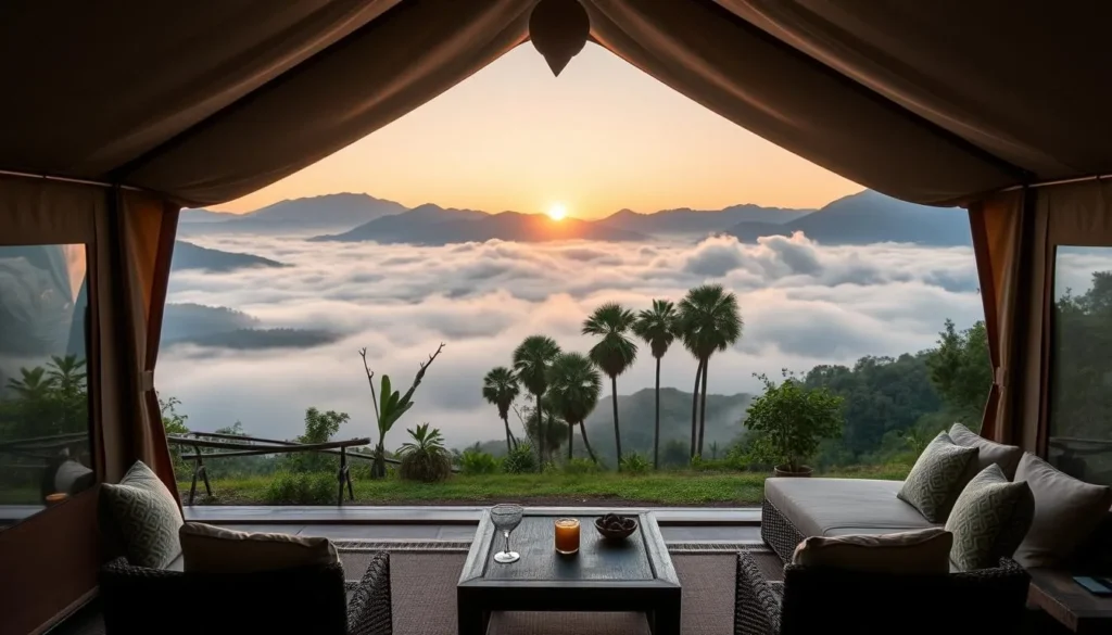 Glamping tents with panoramic windows overlooking the misty mountains of Cocora Valley at sunrise Glamping tents with panoramic windows overlooking the misty mountains of Cocora Valley at sunrise