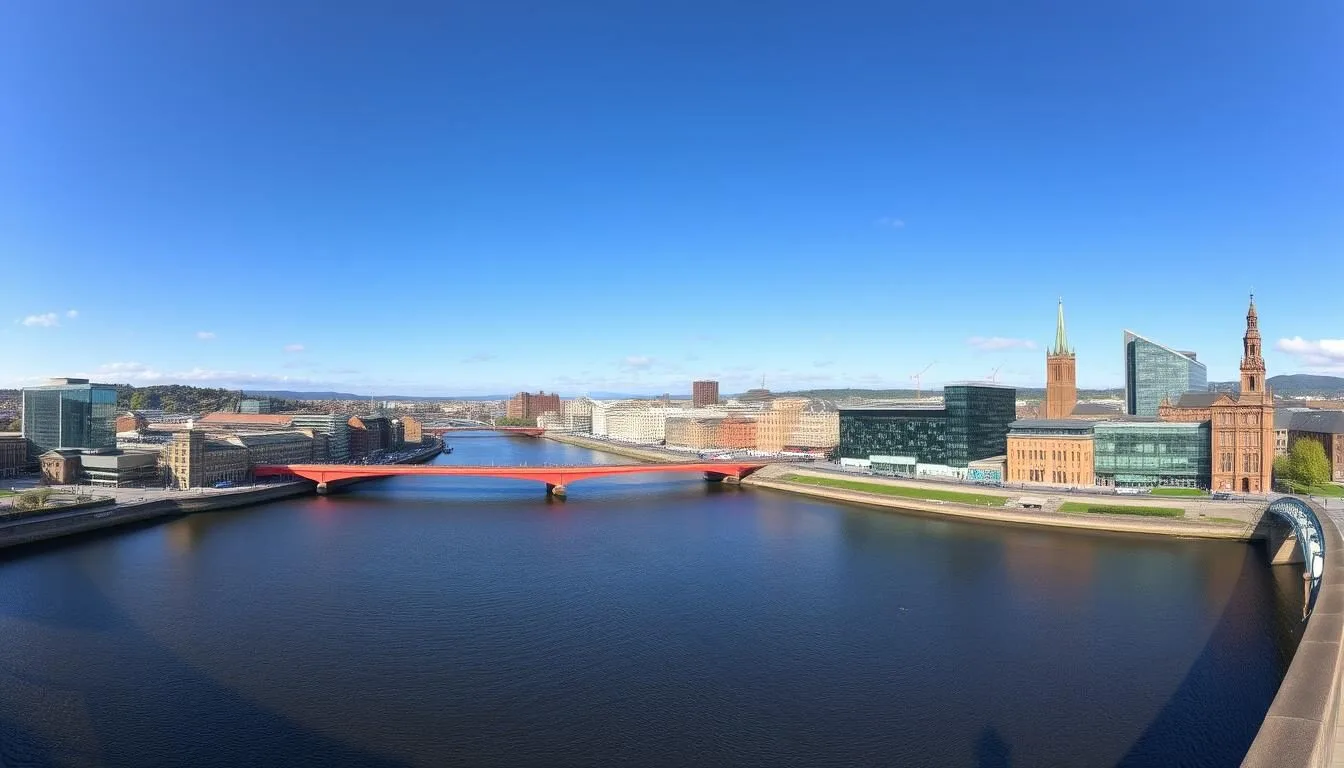 Glasgow Scotland cityscape with River Clyde and modern buildings on a sunny day