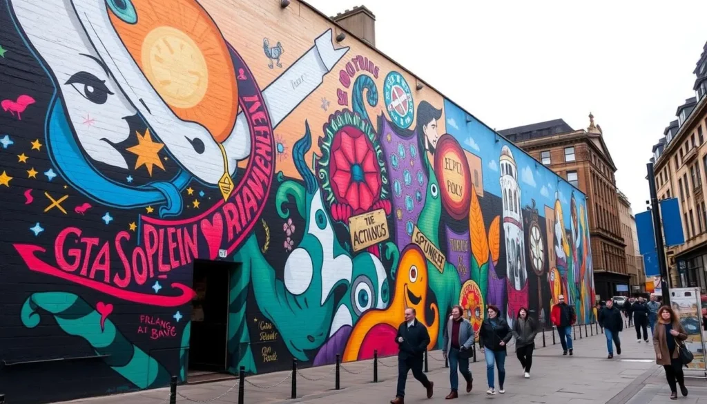 Glasgow street art mural on building wall with colorful design