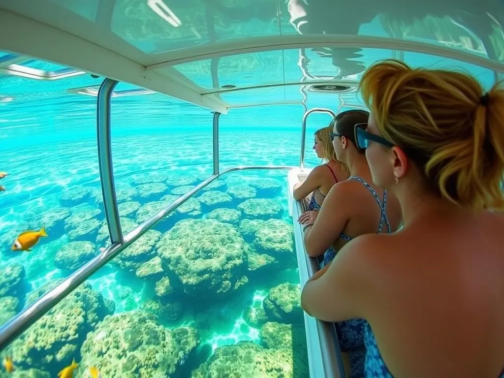 Glass bottom boat tour at Lady Musgrave Island lagoon showing coral and fish below