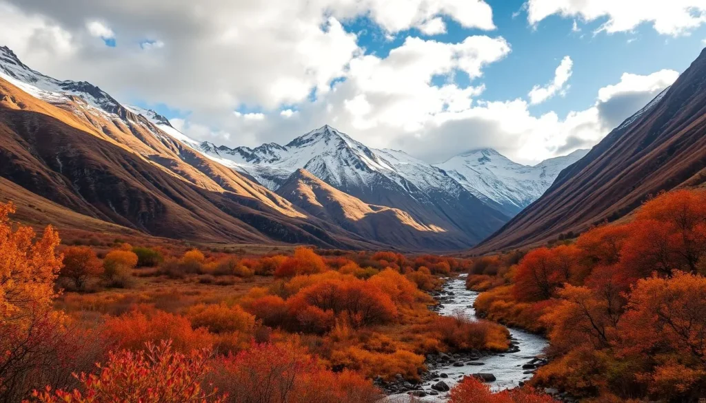 Glencoe valley in early autumn with mountains dusted with first snow and colorful foliage