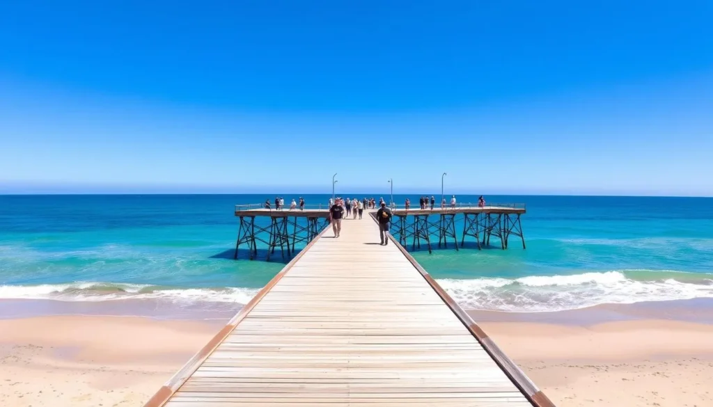 Glenelg Jetty extending into the ocean with people walking along it