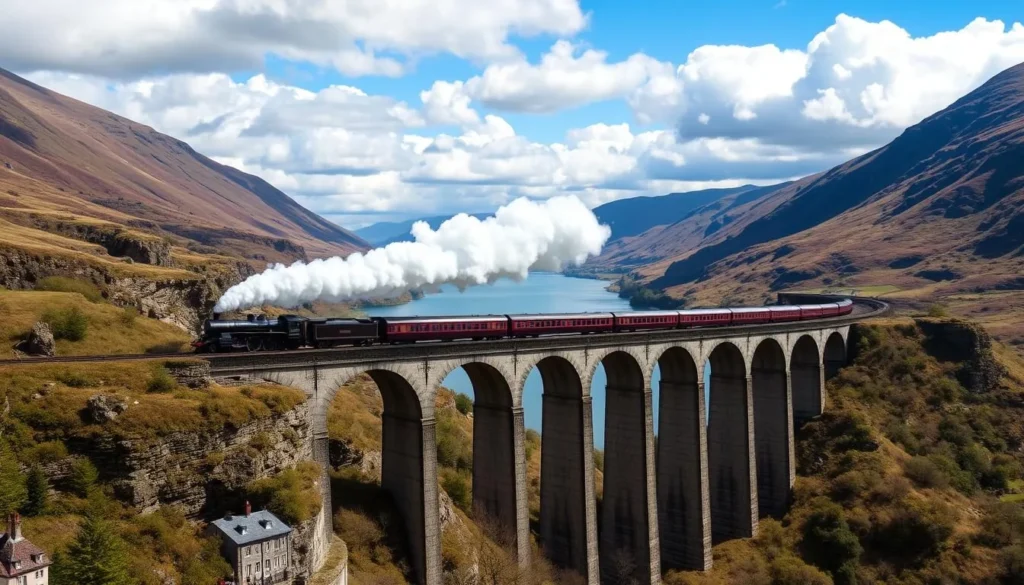 Glenfinnan Viaduct with steam train crossing, made famous by Harry Potter films