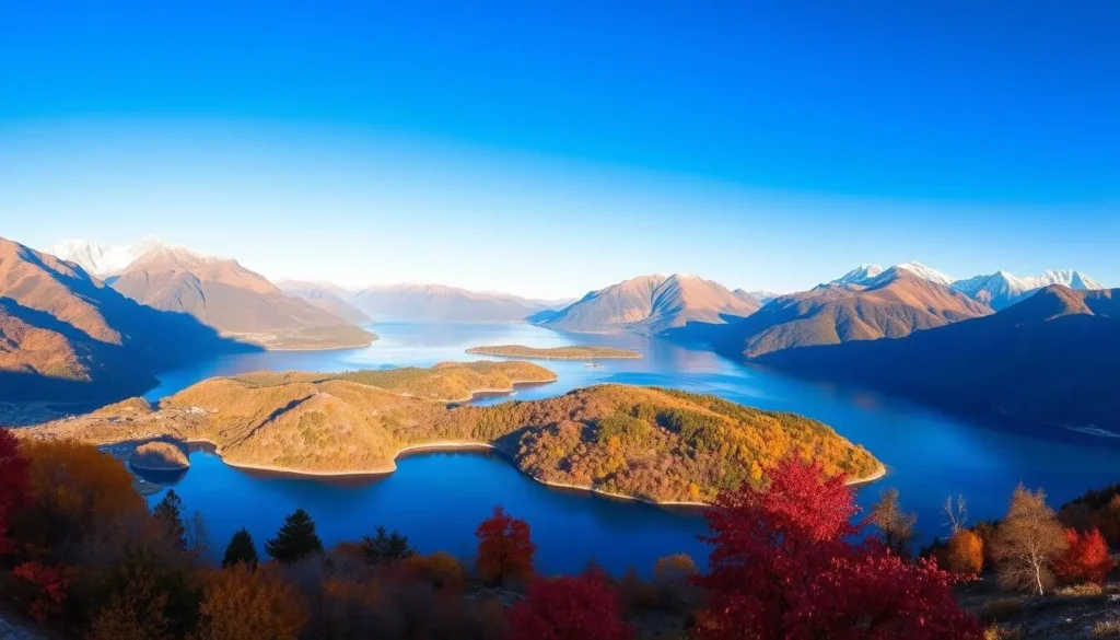 Glenorchy in autumn with colorful foliage around Lake Wakatipu and snow-capped mountains in the background