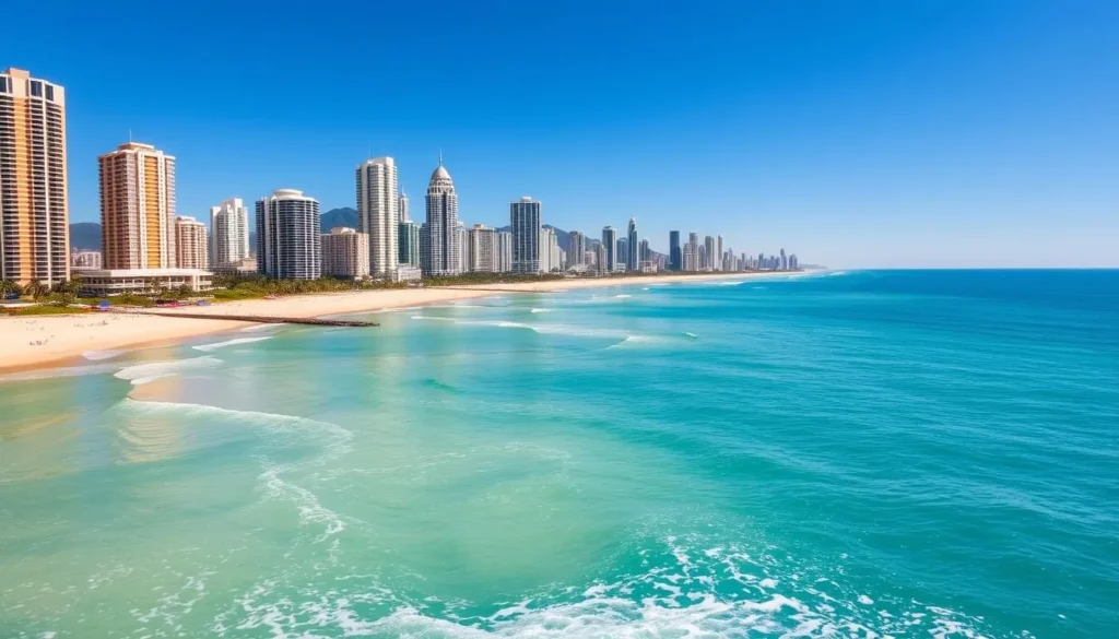 Gold Coast Queensland skyline view from the ocean showing Surfers Paradise beach and high-rise buildings during the best time to visit Gold Coast Queensland skyline view from the ocean showing Surfers Paradise beach and high-rise buildings during the best time to visit