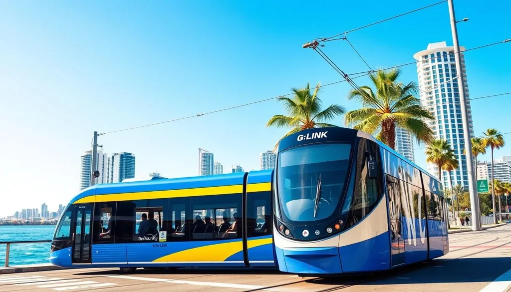 Gold Coast light rail G:link tram running along the coast during the best time to visit Gold Coast Queensland Gold Coast light rail G:link tram running along the coast during the best time to visit Gold Coast Queensland