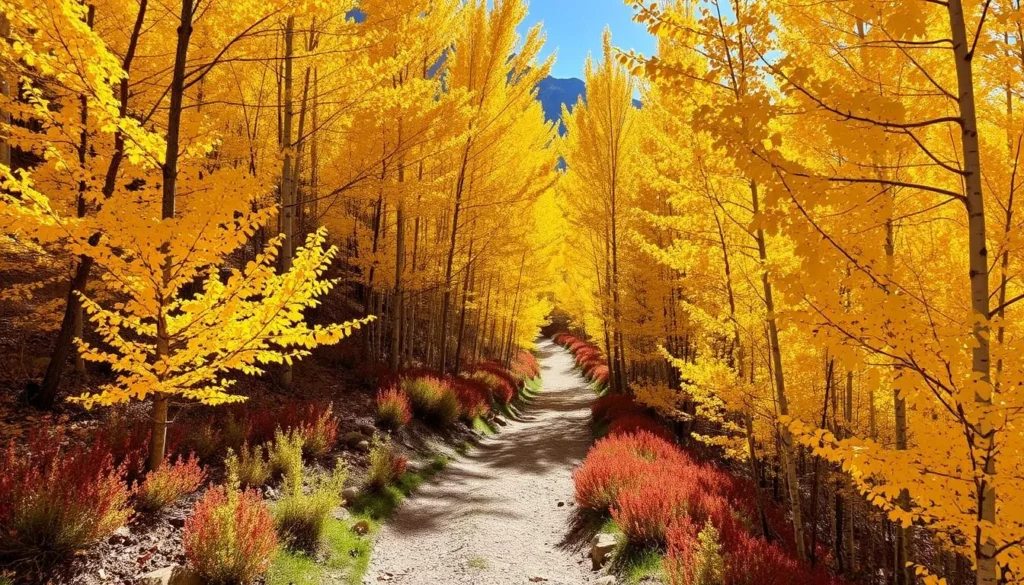 Golden aspen trees along a hiking trail near Ouray Colorado during fall, one of the best months to visit for foliage
