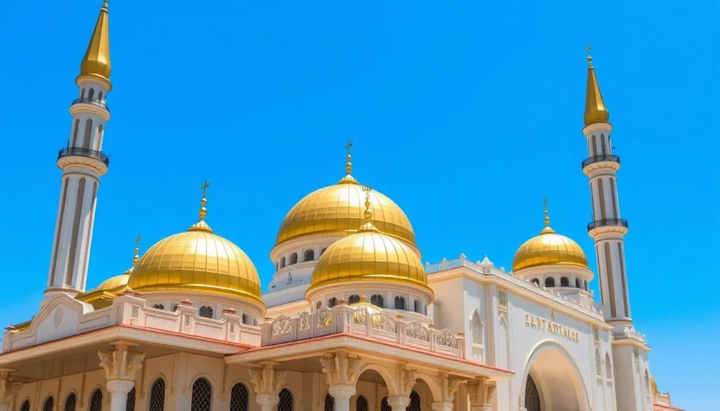 Golden domes of Dian Al-Mahri Mosque in Depok shining in sunlight Golden domes of Dian Al-Mahri Mosque in Depok shining in sunlight