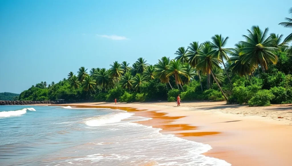 Golden sand beach on Cotijuba Island with palm trees and freshwater waves